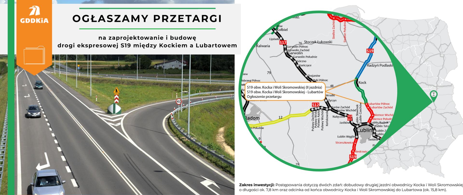 Infografika na ogłoszenie przetargu na zaprojektowanie i budowę drogi ekspresowej S19, II jezdni na obwodnicy Kocka i Woli Skromowskiej oraz po nowym śladzie do Lubartowa 