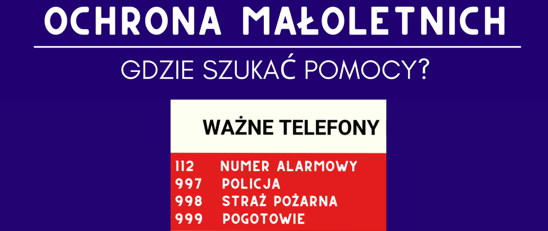 Biały napis na niebieskim tle Standardy Ochrony Małoletnich. Poniżej informacja ważne telefony i podane numery alarmowe. 