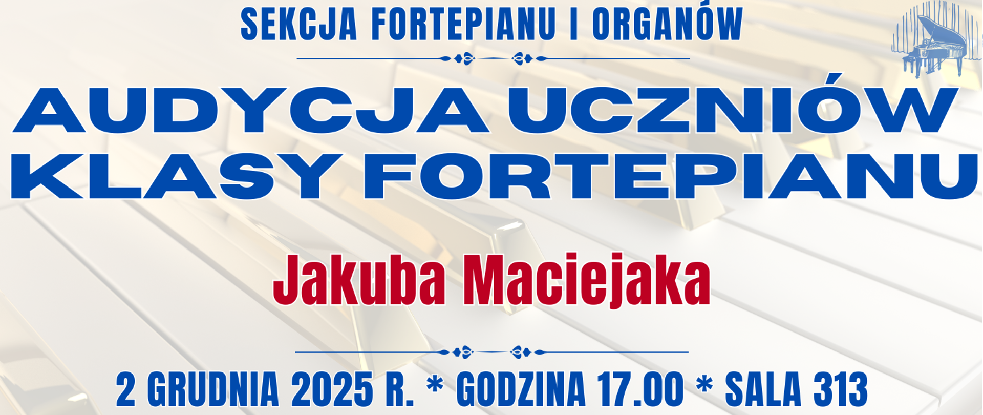 baner w tle klawiatura fortepianu oraz informacja o wydarzeniu