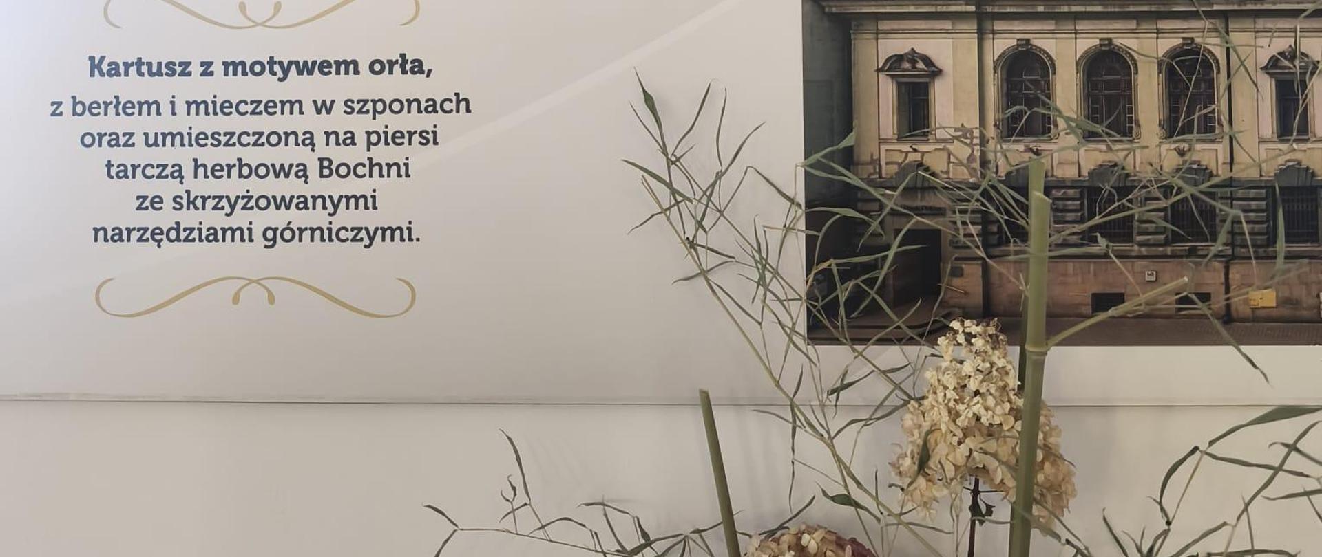 Plansza ze zdjęciem budynku Urzędu Miasta, kartuszem herbowym i opisem, powyżej ramka z nazwą wystawy a poniżej bukiet kwiatowy