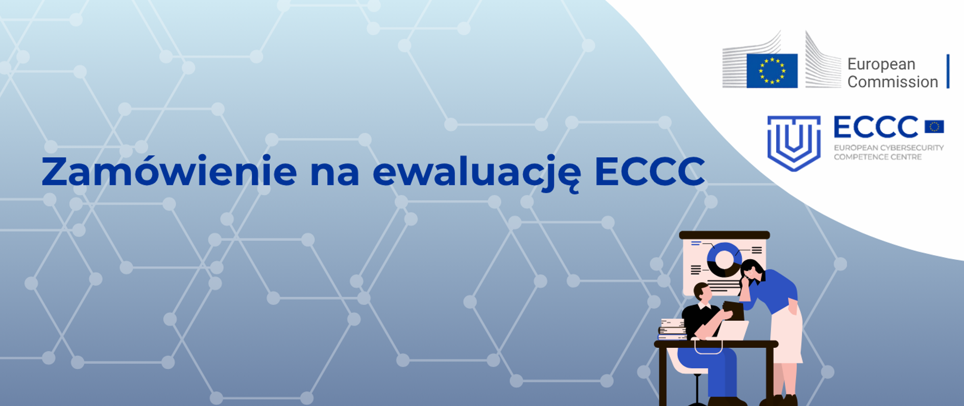 Napis z tytułem zamówienia na niebieskim tle, logotypy ECCC i KE 