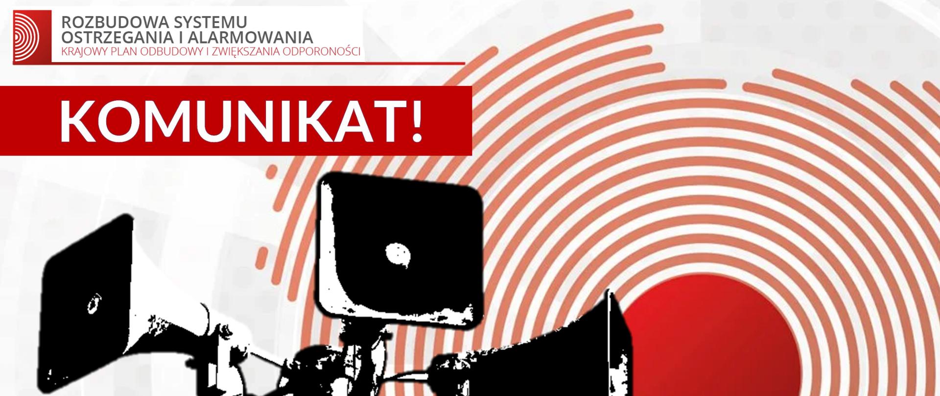 Grafika przedstawia syreny oraz rozchodzące się czerwone fale w tle