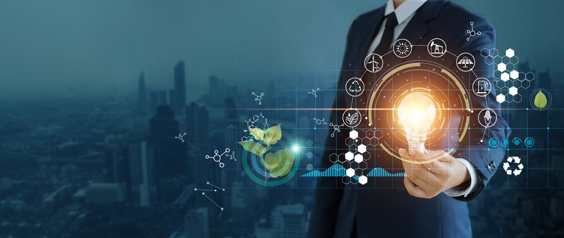 businessman holding light bulb against nature on city background with icons energy sources for renewable, sustainable development, Ecology and renewable energy concept.
