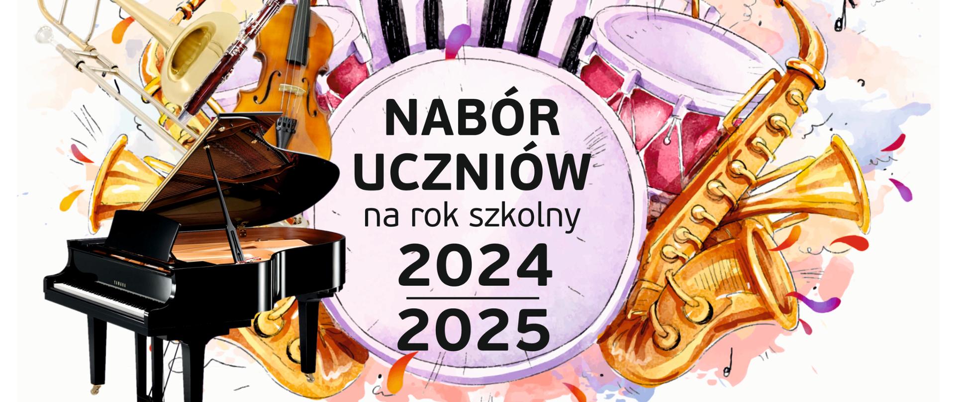 Plakat z informacją o naborze uczniów do PSM I st. im prof. Krzysztofa Pendereckiego w Dębicy na rok szkolny 2024/2025; napisy czarne, napis o naborze umieszczony został w kole otoczonym instrumentami muzycznymi 