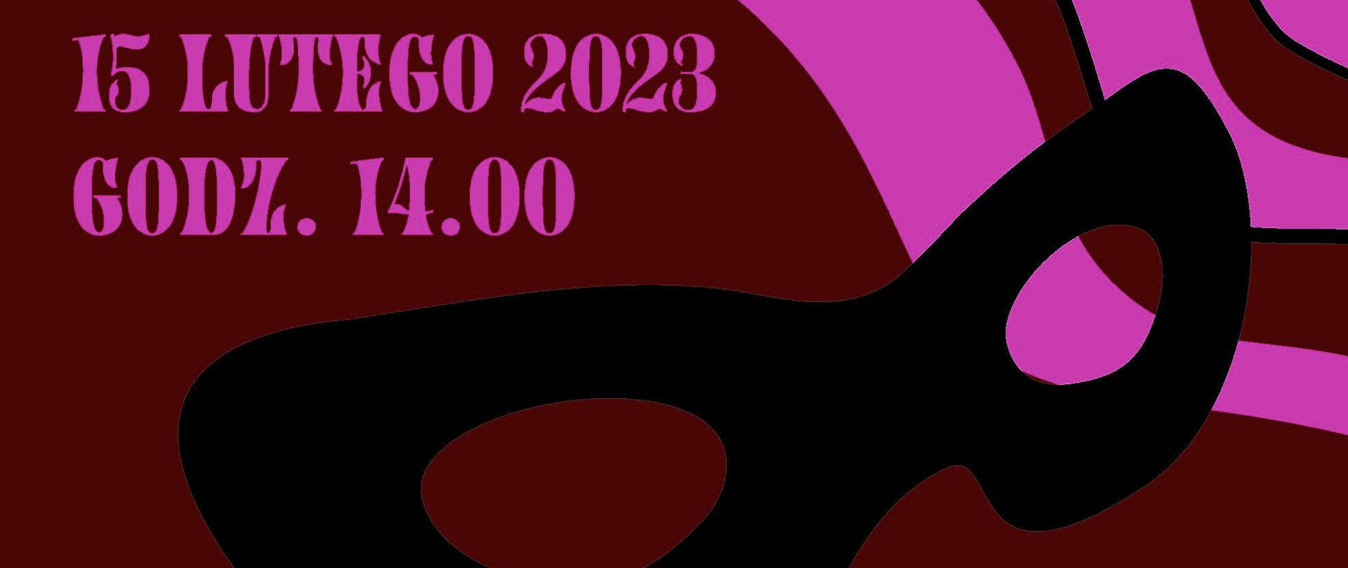 Grafika - plakat poświęcony jest szkolnemu wydarzeniu, na którym przedstawiona jest informacja dotycząca organizowanego Walentynkowego Balu Maskowego. U góry znajduje się napis z datą i godziną organizowanego wydarzenia: 15 lutego 2023 roku. Napis jest w kolorze różowym. Po prawej stronie u góry znajdują się trzy różowe plamy w formie wstęg. Poniżej w górnej części plakatu znajduje się czarna maska na oczy. Po prawej stronie centralnie znajduje się napis w kolorze różowym: "Państwowe Liceum Sztuk Plastycznych im. Antoniego Kenara w Zakopanem". W części dolnej plakatu, od lewej strony do prawej, po skosie na różowej wstędze znajduje się napis w kolorze czarnym: "Bal Maskowy". Poniżej znajduje się kolejna wstęga w kolorze bordowym z różowym napisem: "Przebranie Obowiązkowe". Tło plakatu wykonane jest w kolorze bordowym.