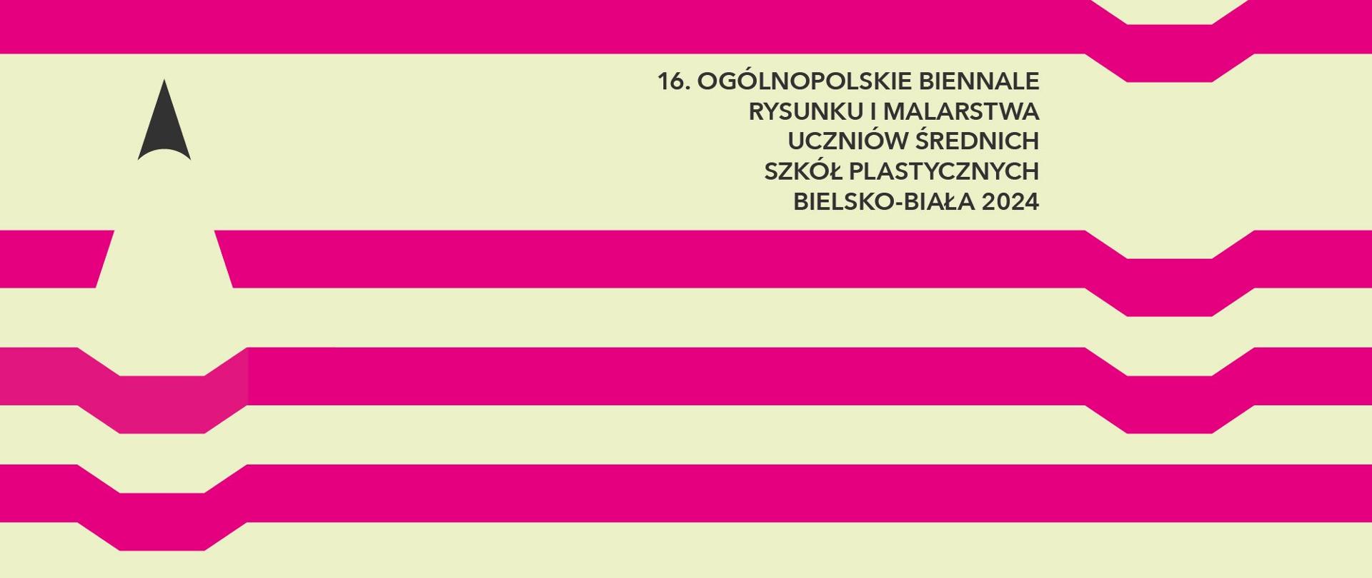 Grafika przedstawiająca biało-różowe poziome pasy i napis 16 Ogólnopolskie Biennale Rysunku i Malarstwa Uczniów Średnich Szkół Plastycznych