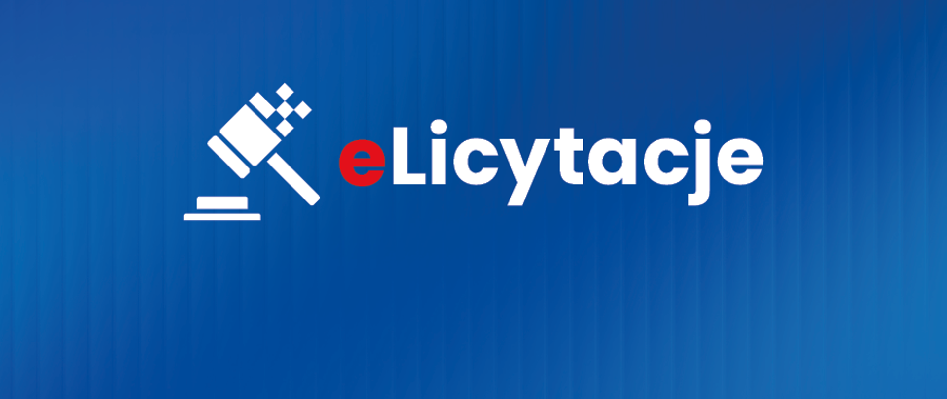 Na niebieskim tle biały napis elicytacje. Literka e w kolorze czerwonym. Z lewej strony biały młotek do licytacji.
