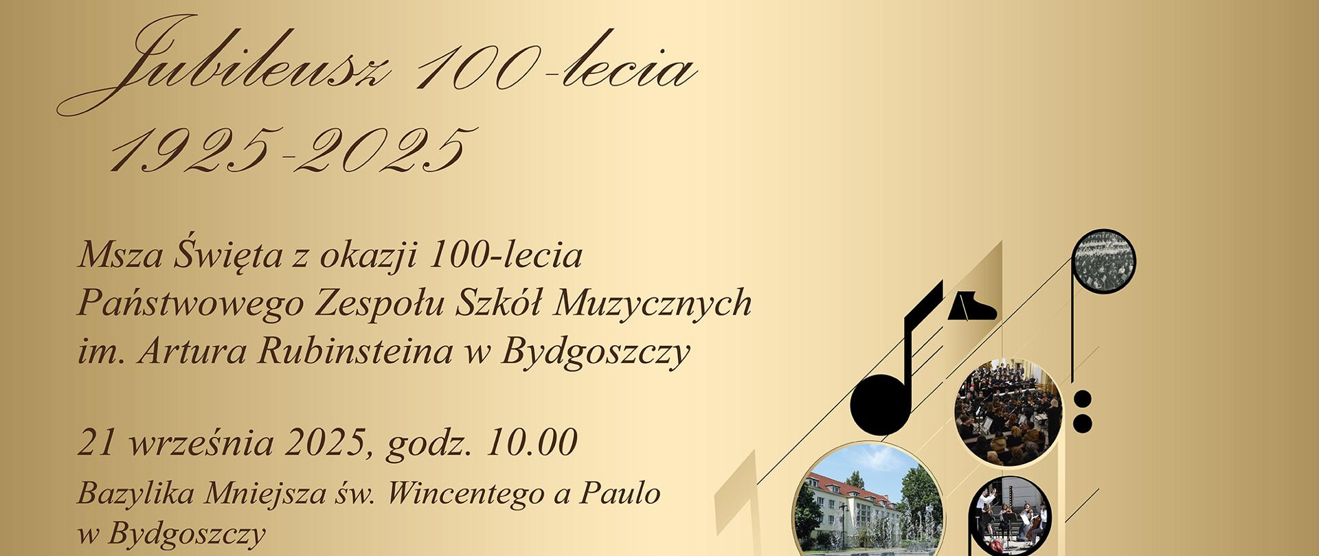 na brązowym tle złotymi literami napisy zapraszające na mszę świętą z okazji jubileuszu szkoły dwudziestego pierwszego września o godzinie 10