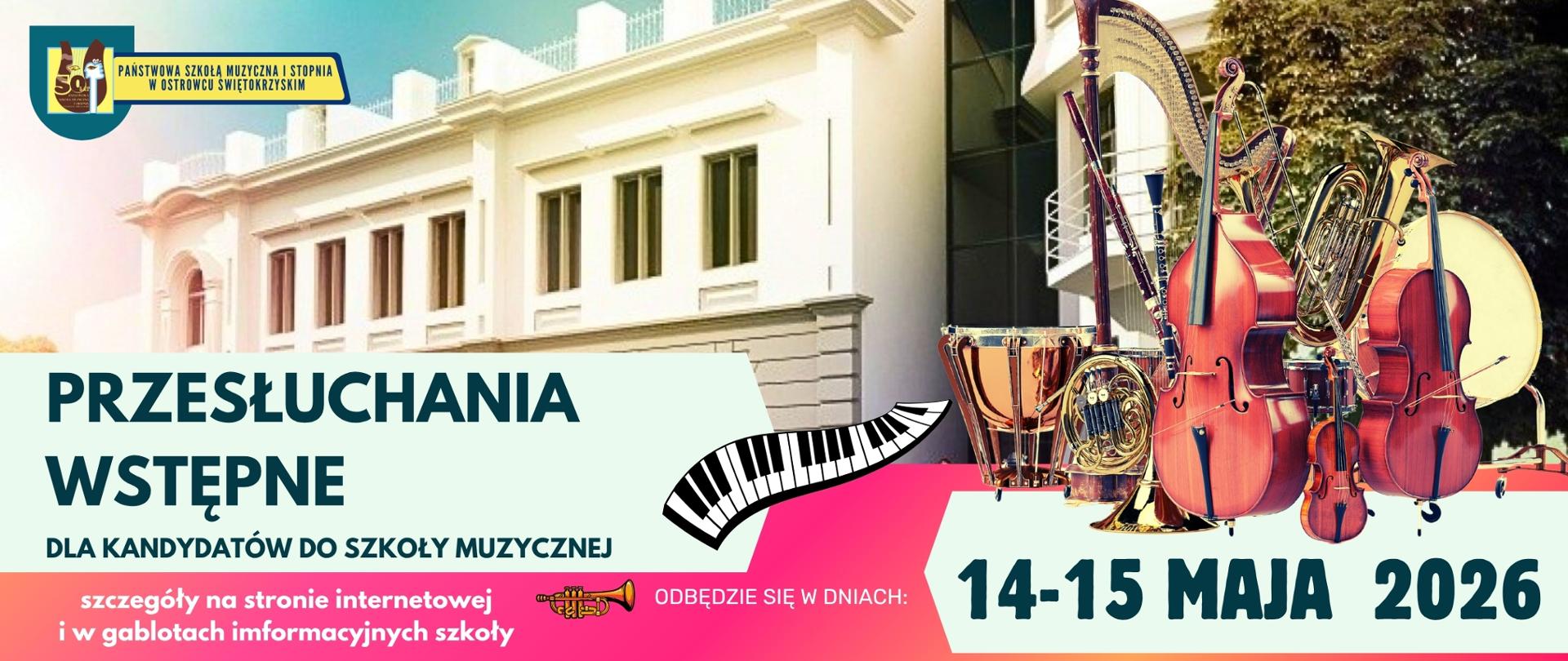 napisy w kolorze zielonym na jasnym tle, z logo szkoły w kolorze żółto-brązowym, z instrumentami po prawej stronie