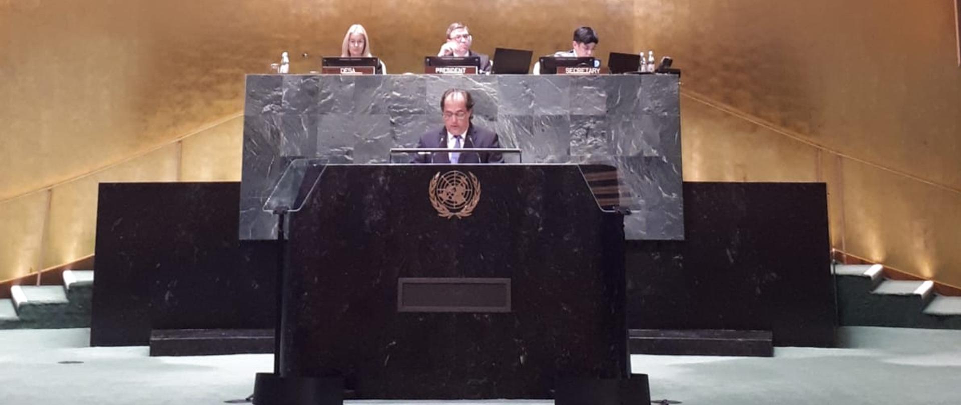 Wiceminister infrastruktury Marek Gróbarczyk przemawia na forum ONZ