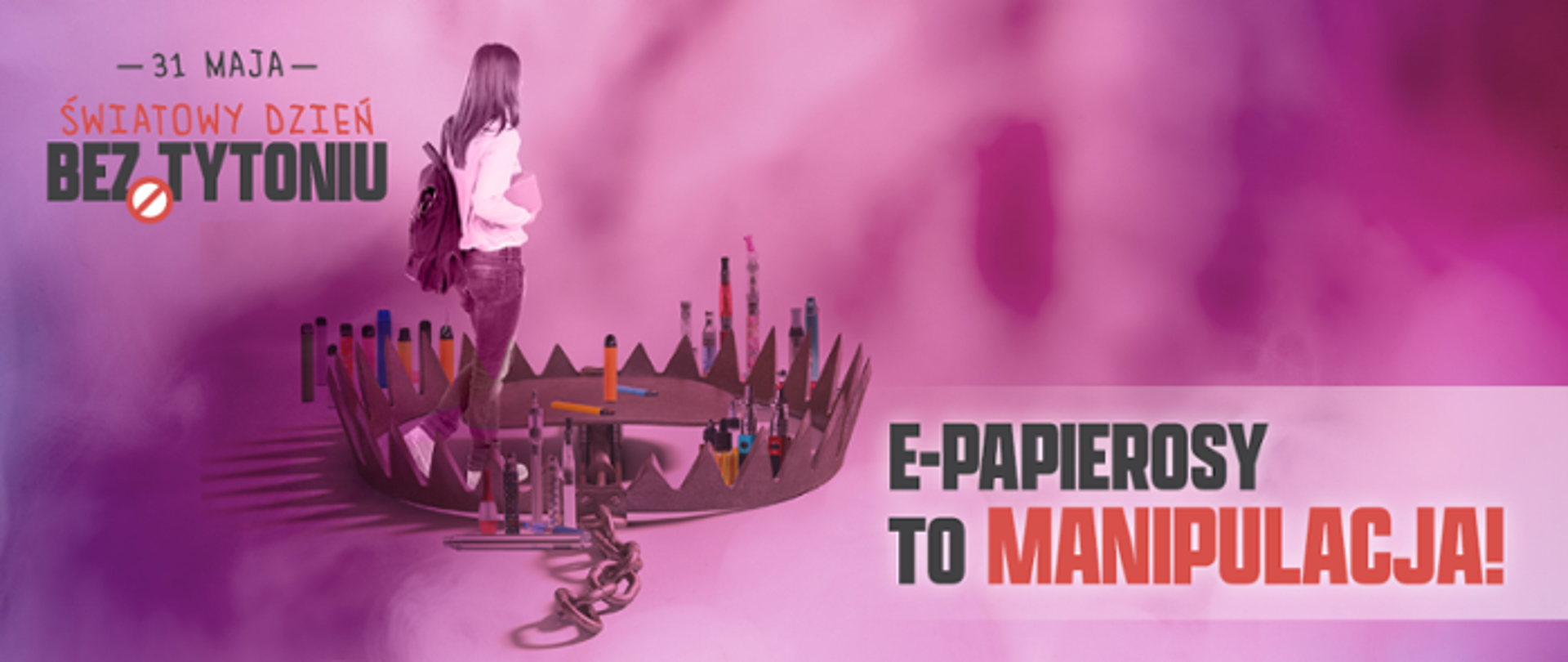 Dziewczynka w pułapce, napis: e-papierosy to manipulacja