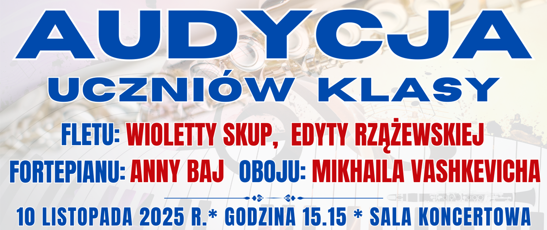 baner w tle półprzezroczysty flet leżący na nutach i klawiaturze fortepianu oraz informacja o wydarzeniu