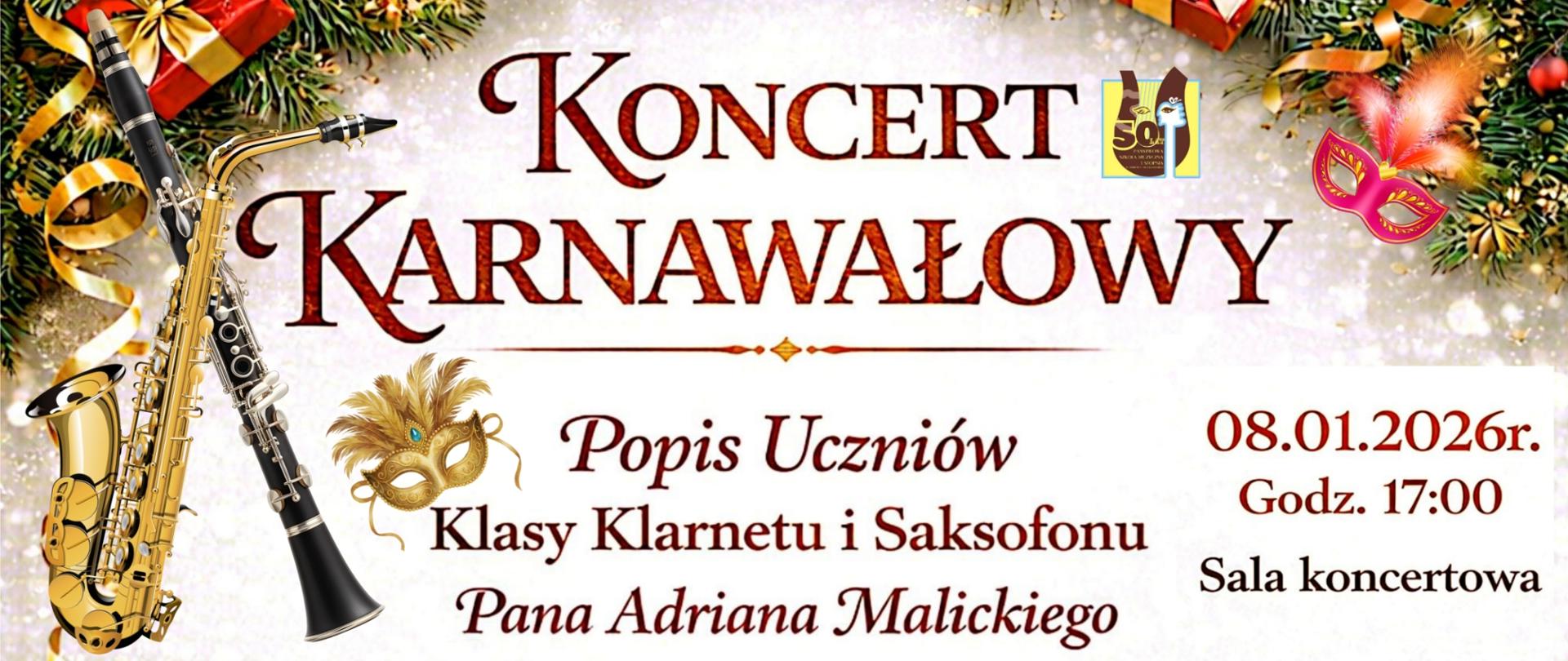 saksofon i klarnet na jasnym tle z czerwonymi literami informującymi o koncercie, z logo szkoły po lewej stronie