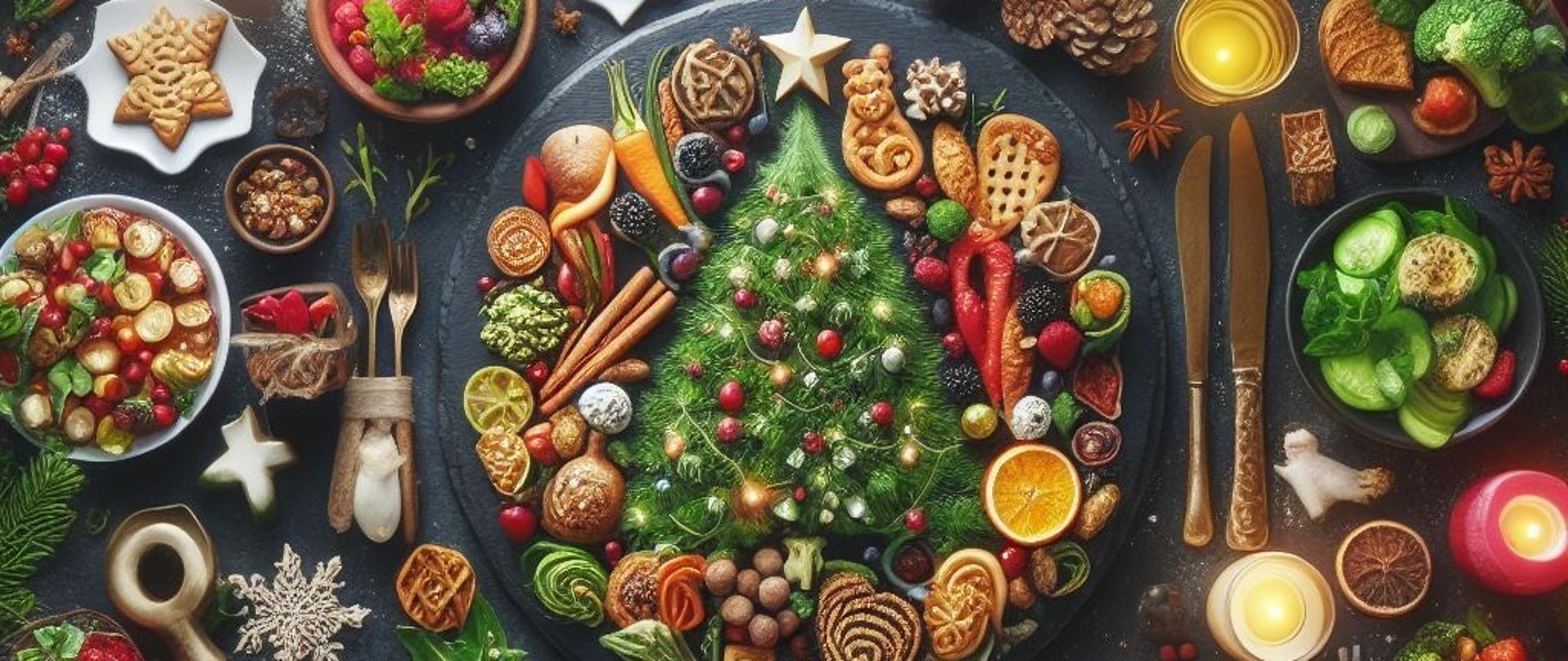 Grafika przedstawia stół świąteczny, pełen zdrowych dań. W centrum grafiki znajduje się choinka.