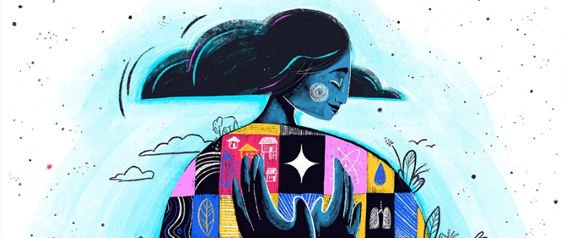 Grafika Światowej Organizacji Zdrowia przedstawiająca kobietę symbolizującą Ziemię obejmującą swoje ciało - kulę ziemską.