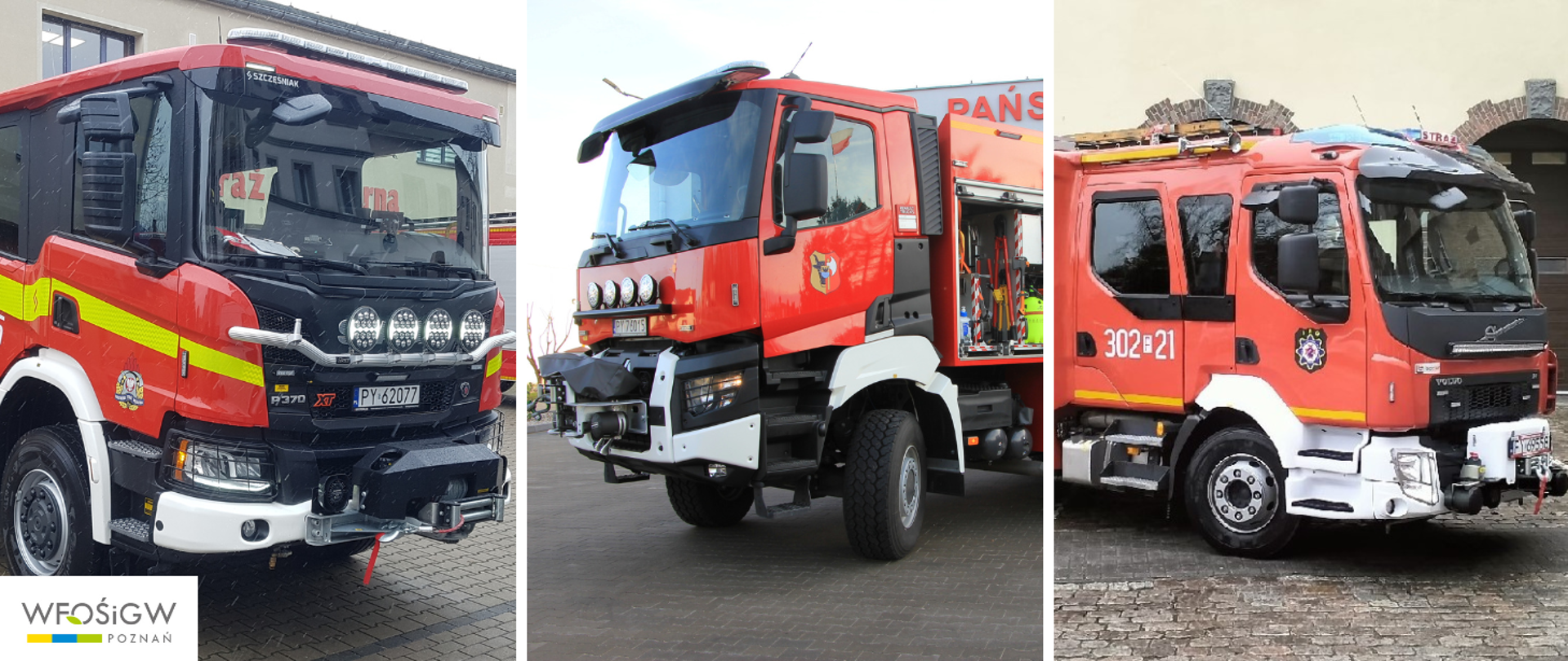 Grafika przedstawia kolaż trzech pojazdów pożarniczych, ciężarowych, nowych, które zostały zakupione ze środków państwowych. Samochody stoją przed remizami strażackimi.