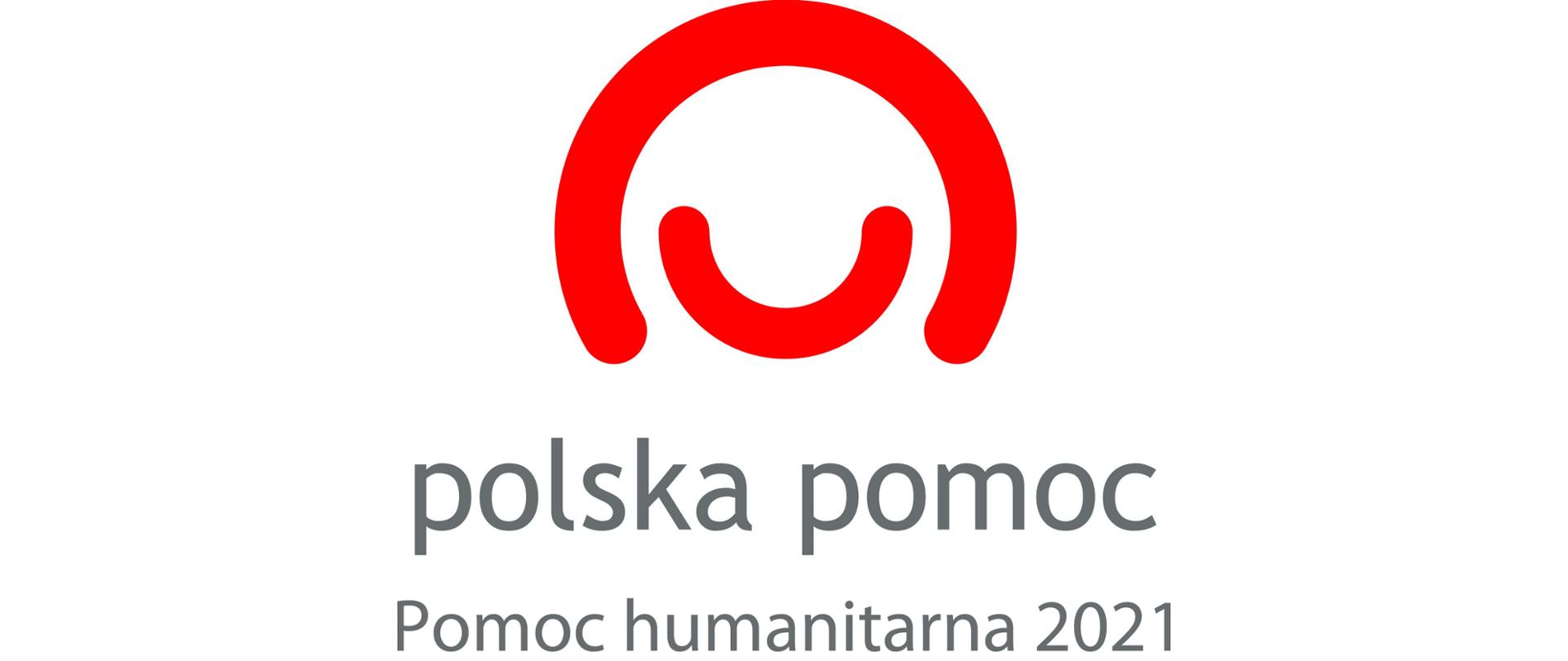 logo w formie czerwonych linii układających sie w uśmiechniętą buzię z napisaem Pomoc humanitarna 2021