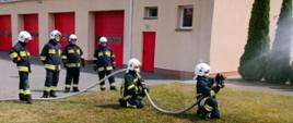 Zdjęcie przedstawia strażaków ćwiczących podawanie wody z użyciem prądownicy strażackiej typu TURBO.