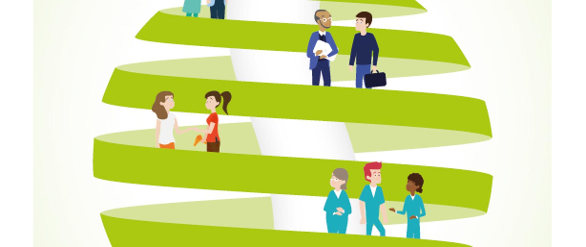 grupki ludzi chodzą po zielonej wstędze imitującą kulę. Nad kulą napis Zdrowe i bezpieczne miejsce pracy Dźwigaj z głową