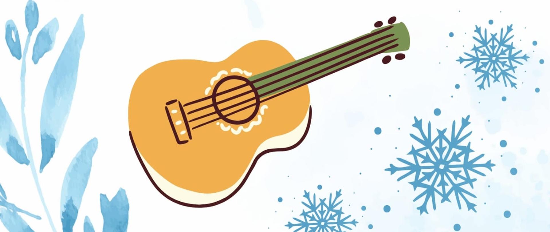 Plakat zapraszający na koncert uczniów klasy gitary Pana Przemysława Kolarskiego, organizowany przez Państwową Szkołę Muzyczną I stopnia im. A. Tansmana w Kępnie. Grafika utrzymana w jasnej, zimowej stylistyce. Tło w odcieniach bieli i błękitu ozdobione jest motywami śnieżynek oraz delikatnych, akwarelowych gałązek. Centralnie umieszczony tytuł „Koncert uczniów klasy gitary” zapisany ozdobną czcionką. Poniżej ilustracja gitary akustycznej. Na dole plakatu podano datę i miejsce wydarzenia: 21 stycznia 2026 roku, godzina 17:00, sala koncertowa.