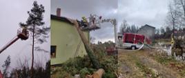 Kolaż zdjęć przedstawiających strażaków w trakcie usuwania połamanych drzew i pompowania wody.