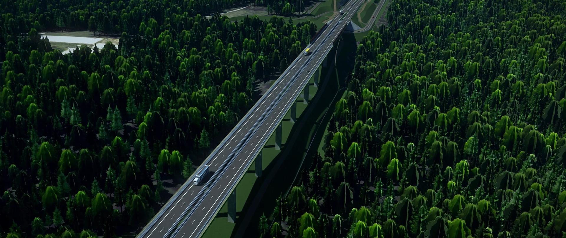 Wizualizacja drogi ekspresowej. Widać estakadę, która biegnie wśród drzew.
