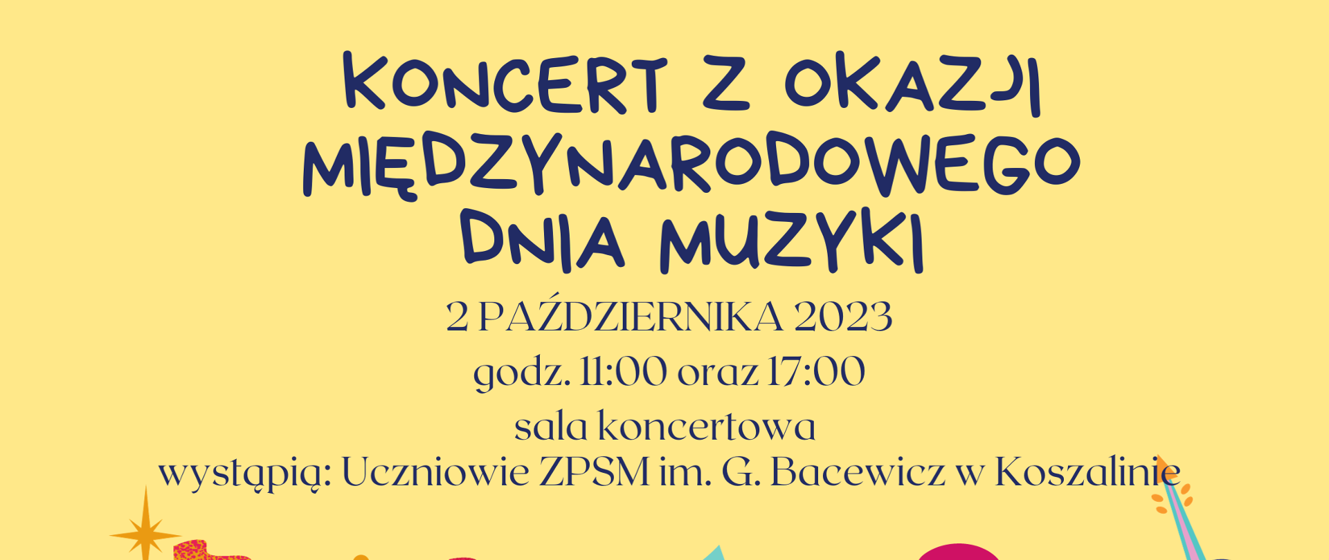 Grafika z nutkami w różnych kolorach, napis Koncert z okazji Międzynarodowego Dnia Muzyki