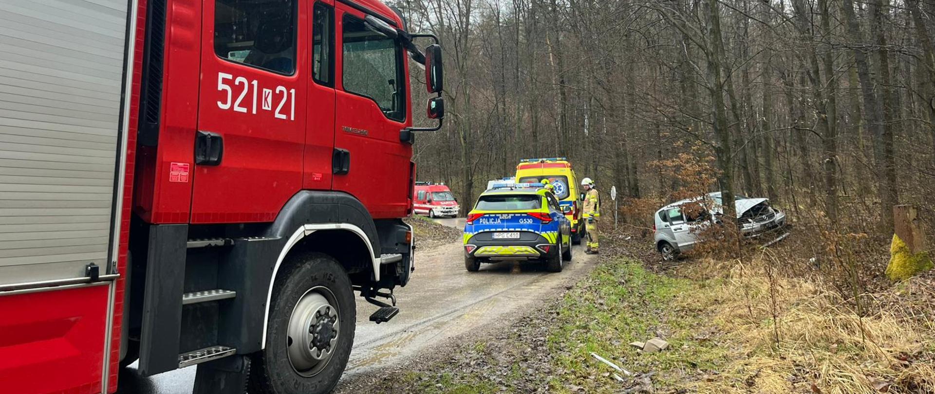 Wypadek samochodu osobowego - auto osobowego które uderzyło w drzewo oraz policja, straż pożarna i pogotowie ratunkowe na zdjęciu