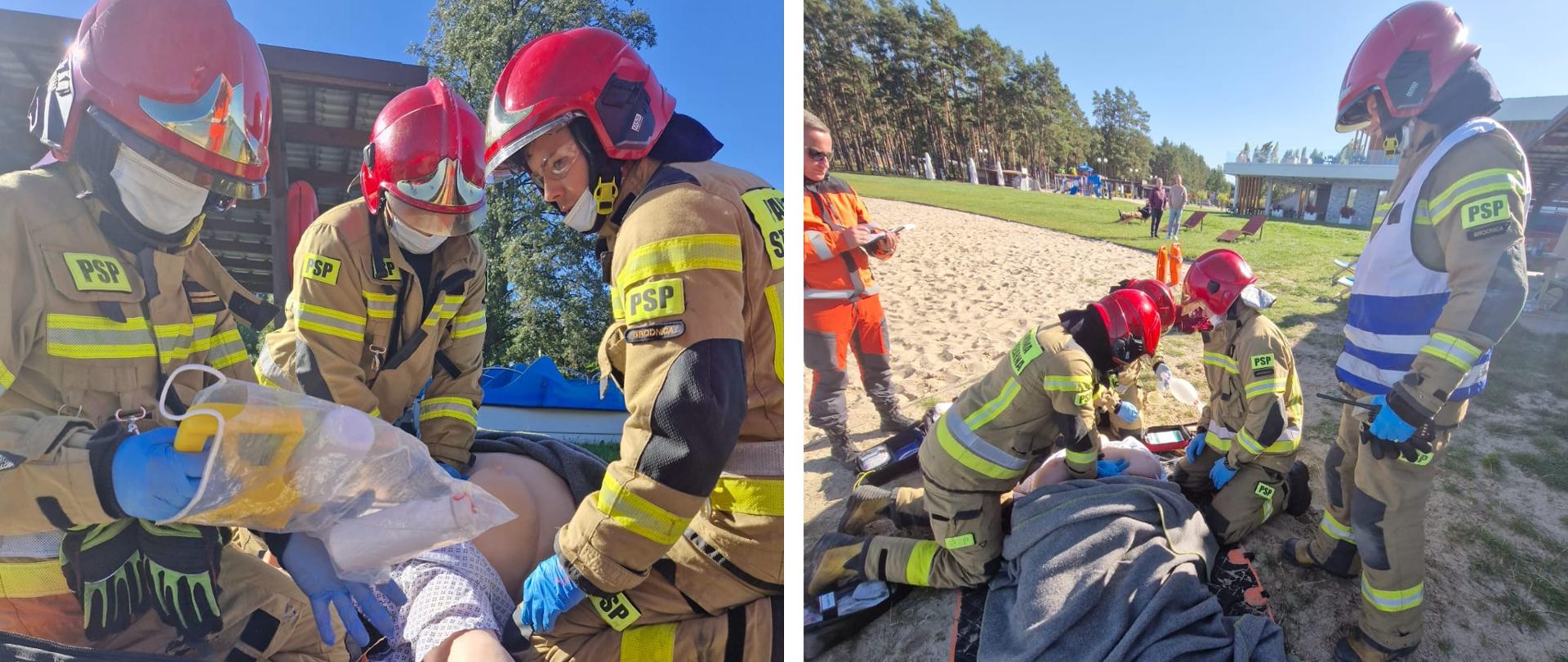Dwa zdjęcia przedstawiające strażaków Komendy w Brodnicy podczas konkurencji Mistrzostw PSP Województwa Kujawsko Pomorskiego w Kwalifikowanej Pierwszej Pomocy. Strażacy ubrani w ubrania specjalne i hełmy symulują prowadzą działania ratownicze na manekinie.
