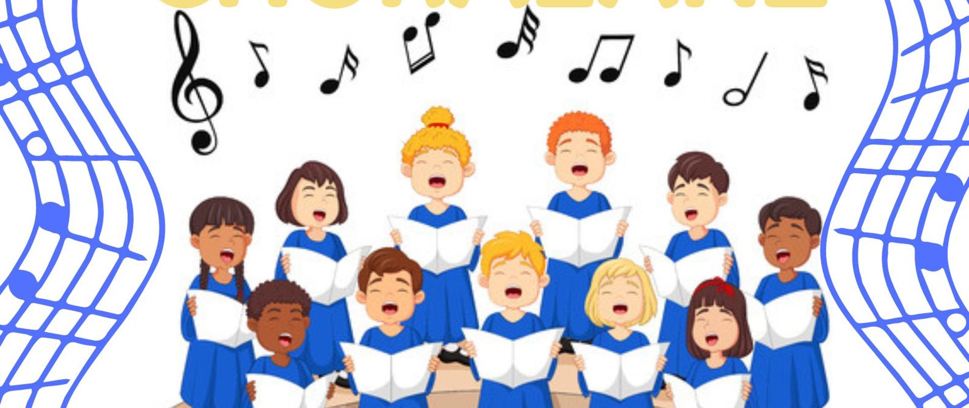 plakat w pionie informujący o spotkaniach chóralnych w dniu 10.05.23. W centrum plakatu kolorowa grafika przedstawiająca śpiewający chór dziecięcy, po bokach niebieskie pięciolinie z nutami. U dołu plakatu informacja, że w wydarzeniu wezmą udział chóry z Państwowej Szkoły Muzycznej I st. w Olecku oraz Giżycku. O godz. 17.30 koncert galowy obu chórów, wstęp wolny. U góry plakatu od lewej strony logo funduszy Europejskich, logo szkoły, flaga Unii Europejskiej.