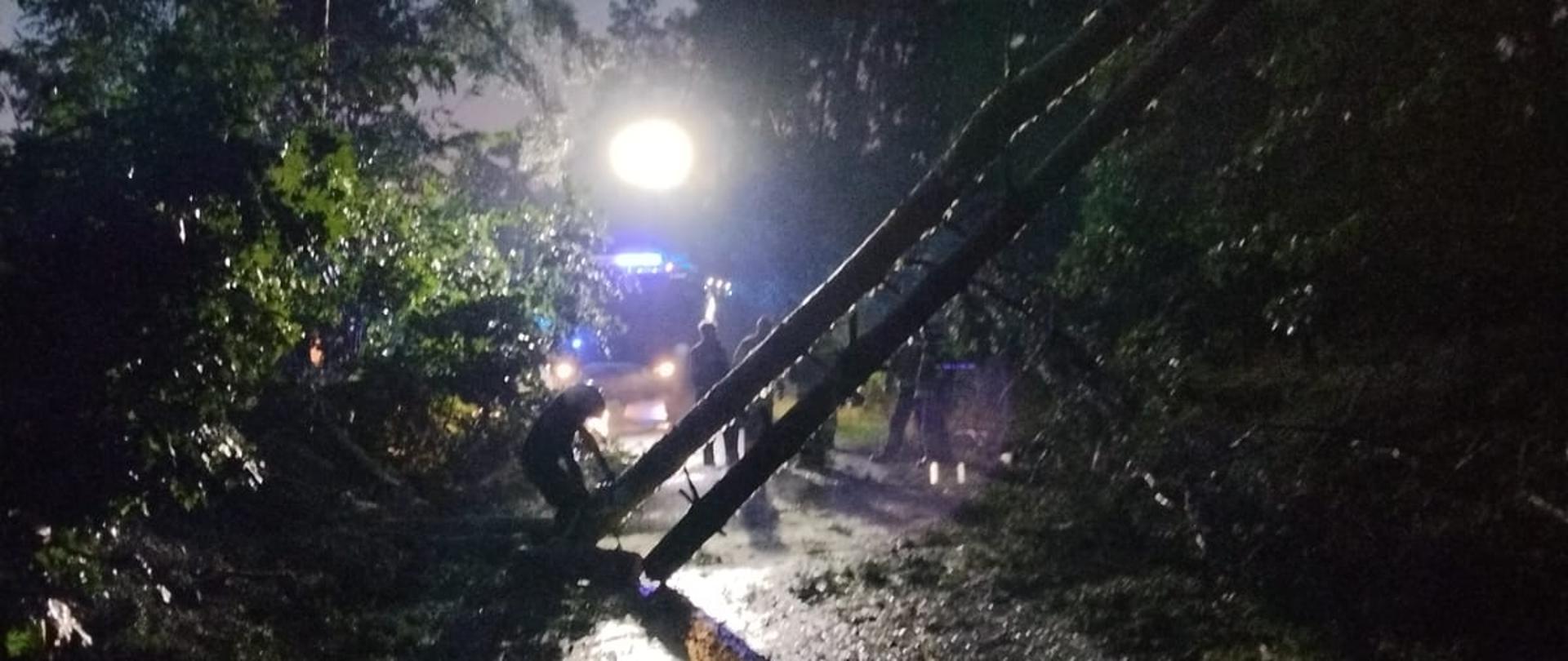 Nocna scena na leśnej drodze po burzy. Na mokrej nawierzchni leży przewrócony słup lub duże drzewo, blokując przejazd. W tle widać silne światło pojazdu ratunkowego oraz sylwetki osób pracujących przy usuwaniu przeszkody. Wokół stoją ciemne drzewa i mokre gałęzie, a całość jest słabo oświetlona i ma dramatyczny charakter.