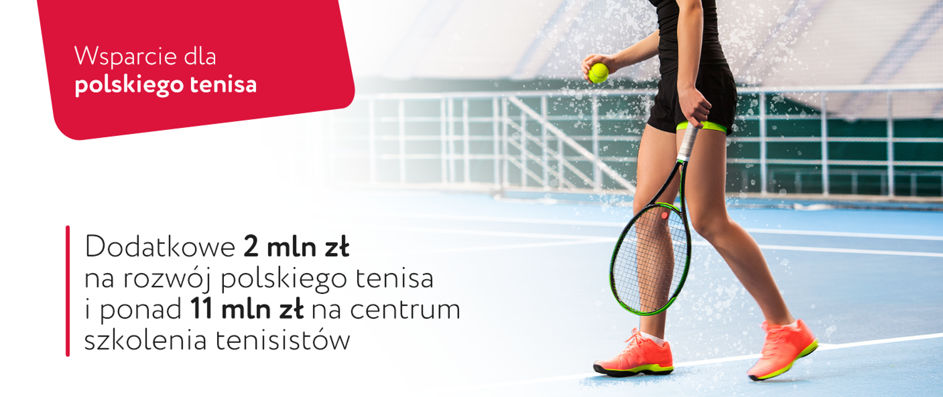 Grafika z tenisistką na korcie: "Wsparcie dla polskiego tenisa".