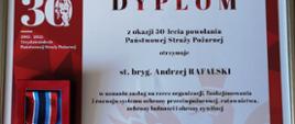 Na zdjęciu znajduje się dyplom z okazji 30-lecia powołania Państwowej Straży Pożarnej oraz Złota Odznaka "Zasłużony dla Ochrony Przeciwpożarowej". 