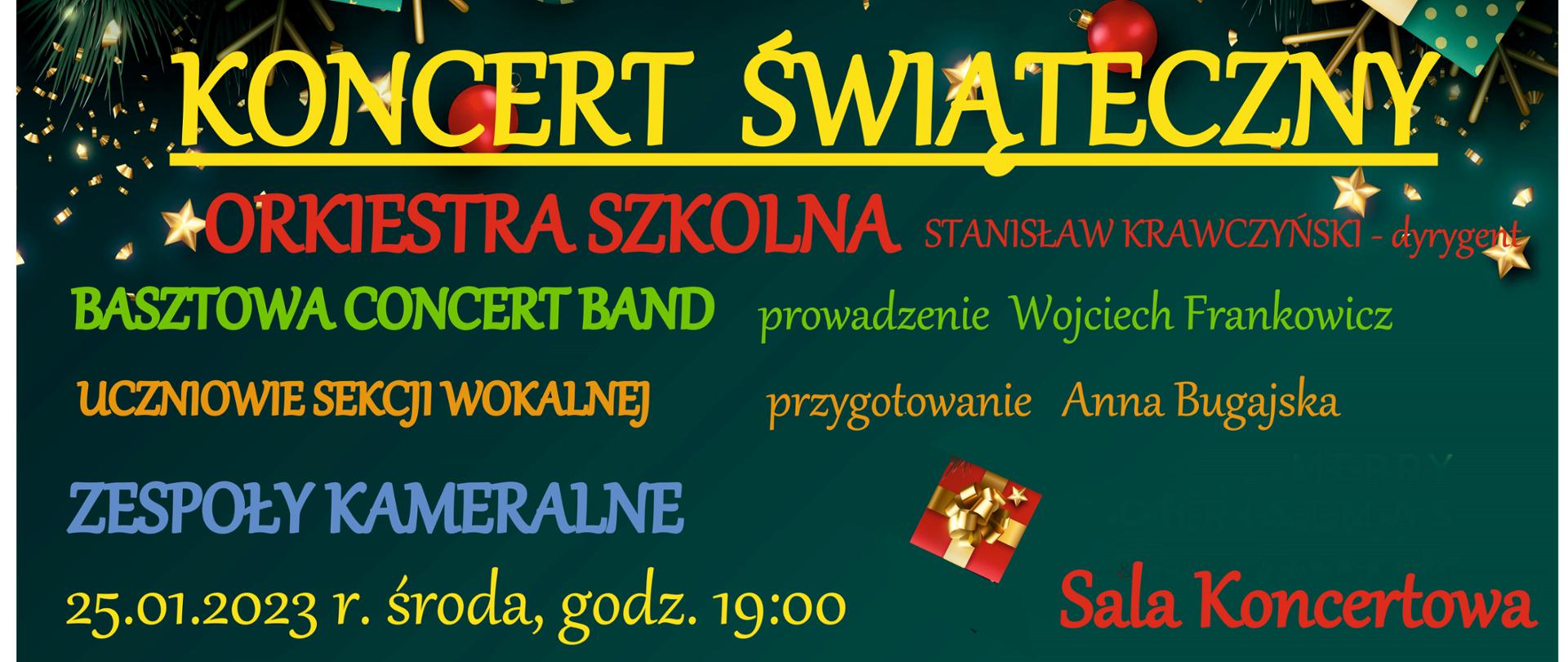 na zielonej kartce z prezentami napis żółty Koncert świąteczny orkiestra, Basztowa Concert Band, zespoły kameralne 25.01.2023
