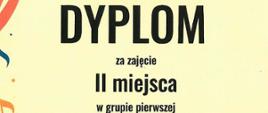 Zdjęcie przedstawia dyplom za zajęcie II miejsca w konkursie perkusyjnym. Na kremowym tle rysunek werbla i logo szkoły muzycznej w Gostyniu wraz z podpisami jurorów.