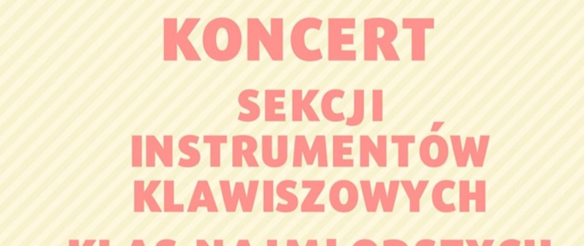 Plakat z kremowym tłem i czerwonymi napisami, w środku kolorowe nuty, u dołu klawiatura fortepianowa