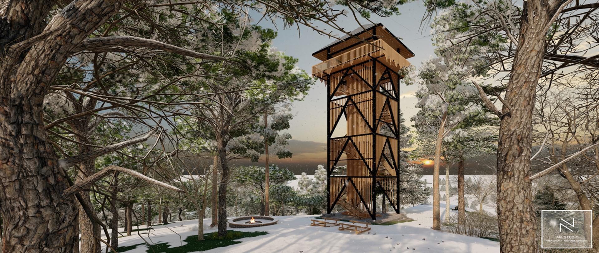 Na zdjęciu znajduje się wizualizacja wieży widokowej. Na pierwszym planie wizualizacji znajdują się drzewa, pokryte śniegiem. W niedalekim tle znajduje się wieża, które konstrukcja przypomina wąski, drewniany blok z dachem. Panuje zimowa aura. 
