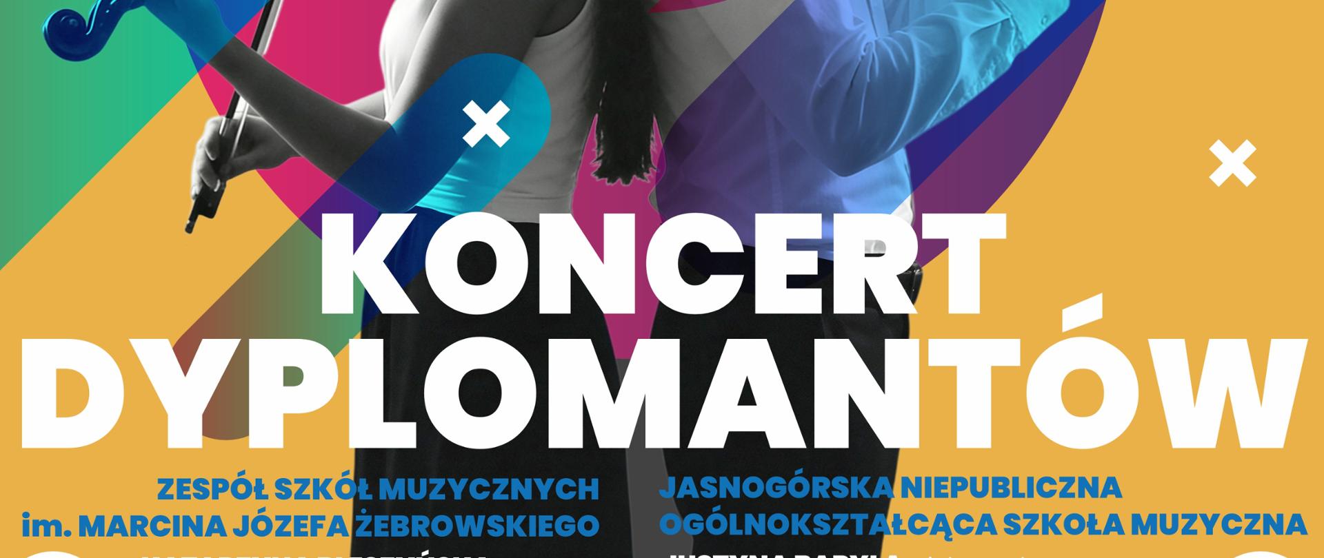 Pomarańczowe tło, zdjęcie dwóch muzyków, logo filharmonii częstochowskiej, ZSM i JNOSM, tekst dotyczący koncertu dyplomantów 20 marca 2026 o godz. 18.00 