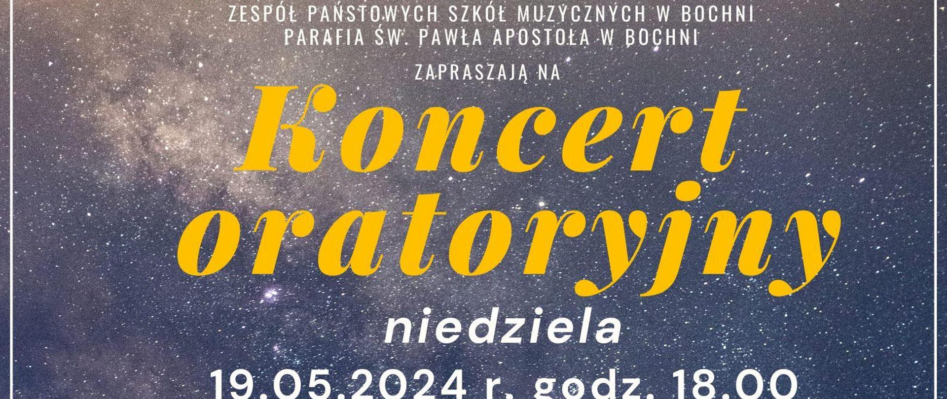 Plakat z niebieskim tłem oraz licznymi elementami w postaci białych kropek oraz plam. W górnej części czcionką w kolorze białym zostali wyszczególnieni organizatorzy koncertu. Poniżej większą czcionką w kolorze żółtym widnieje napis: ‘’Koncert oratoryjny’’, następnie: data, godzina i miejsce koncertu (czcionka biała). W części centralnej plakatu i części dolnej znajdują się informacje dotyczące programu (czcionka w kolorze żółtym) i wykonawców koncertu (czcionka w kolorze białym).