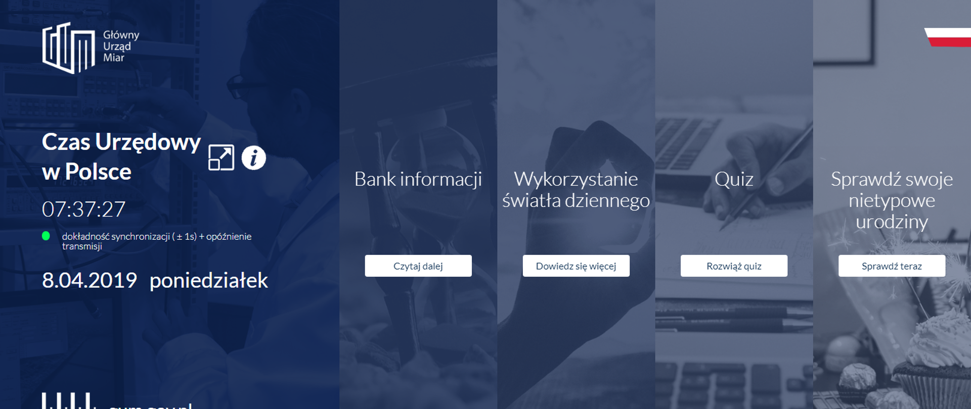 Na niebieskim tle piec paneli pionowych. Na pierwszym w górnym lewym roku logo GUM, poniżej napis "Czas urzędowy w Polsce", a pod nim czas i data. Na dole adres www: gum.gov.pl. Tytuły kolejnych paneli to bank informacji, wykorzystanie światła dziennego, quiz oraz sprawdź swoje nietypowe urodziny.