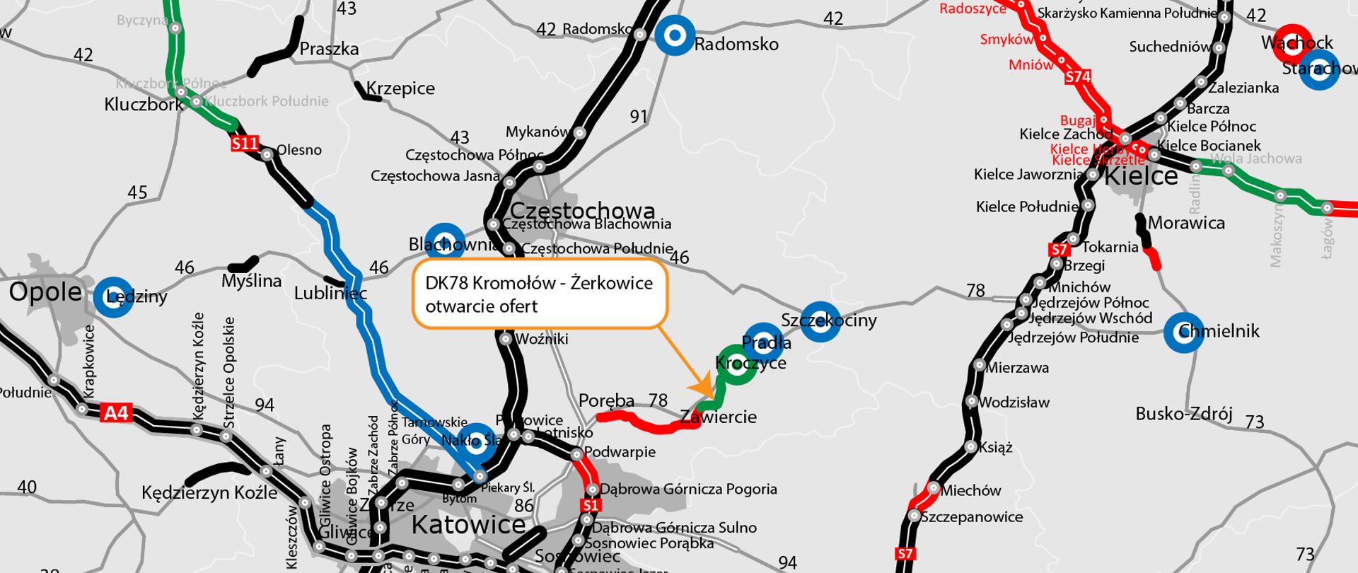 Mapa orientacyjna przygotowania do realizacji inwestycji przebudowy DK78 w woj. śląskim.