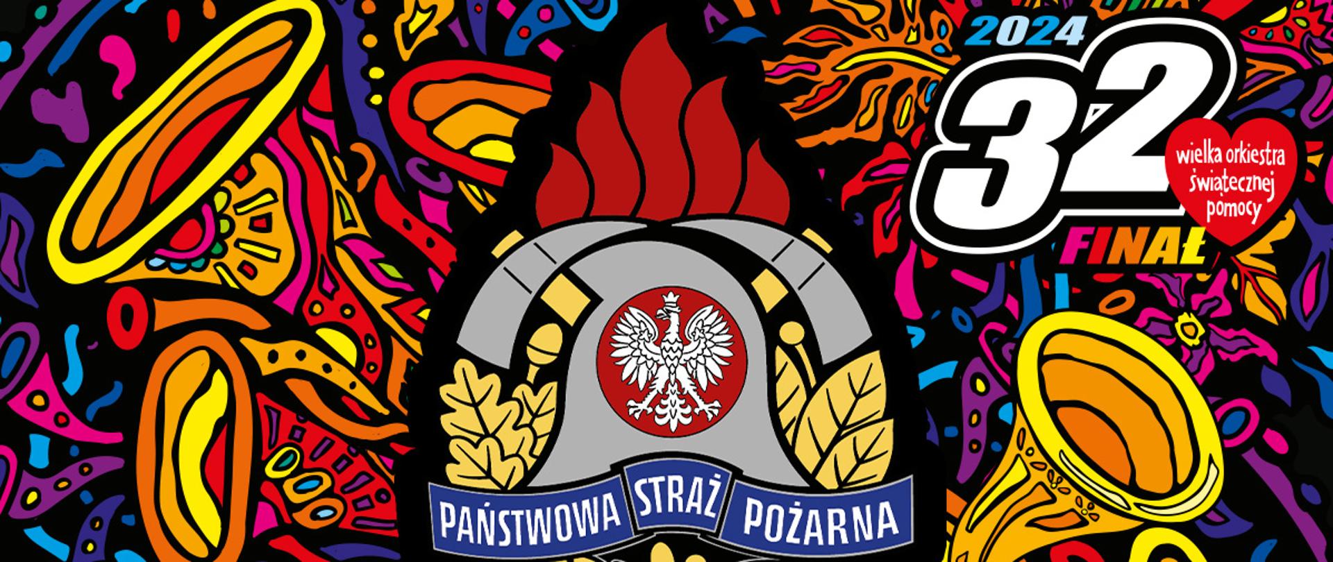 Logo Państwowej Straży Pożarnej na tle grafiki i logo Wielkiej Orkiestry Świątecznej Pomocy, pod spodem biały napis na czarnym tle Gasimy ogień rozpalamy serca. 