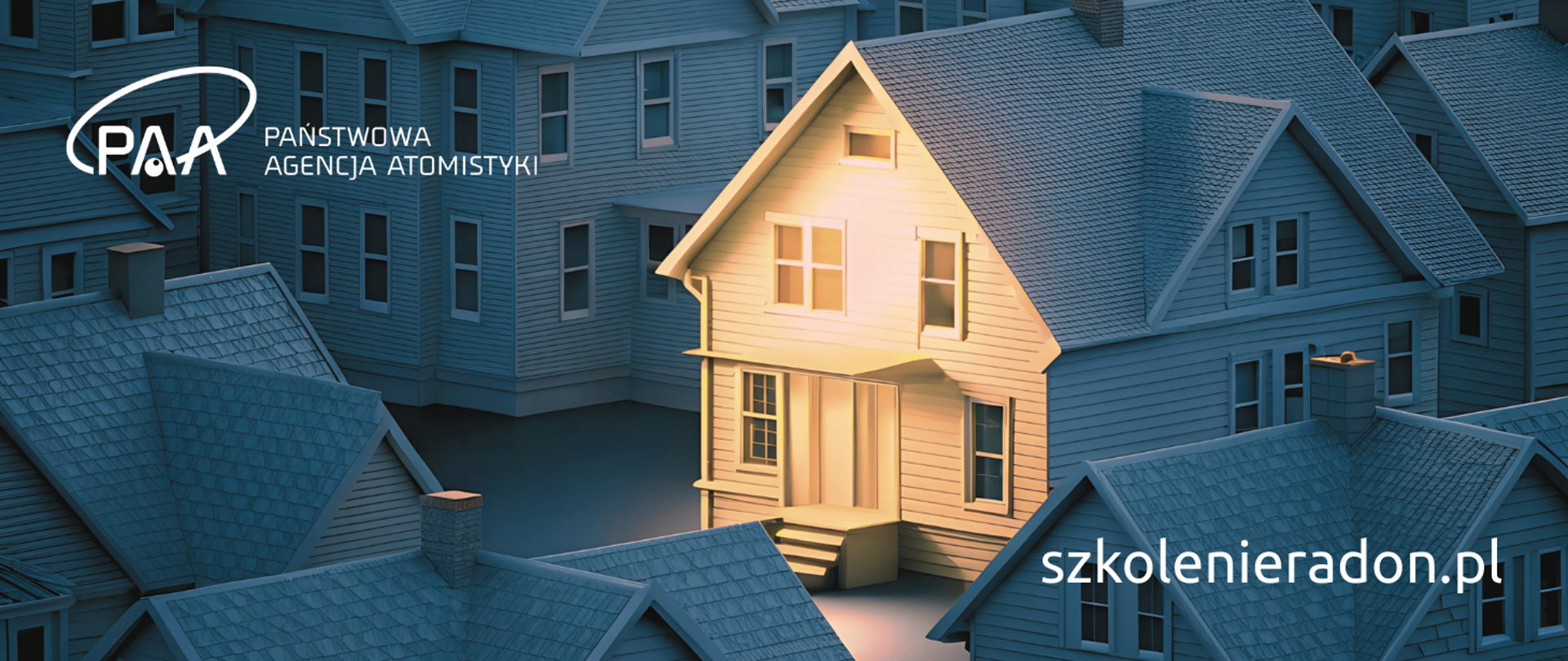 grafika z hasłem szkolenieradon.pl, w tle szereg domów, w tym jeden podświetlony