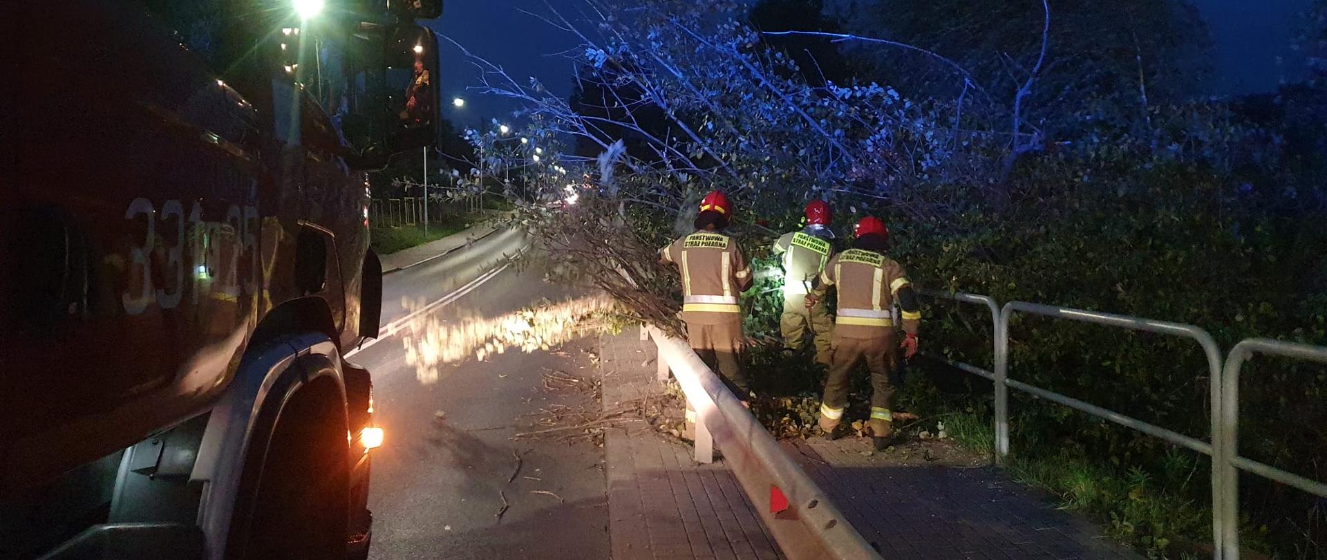 Strażacy usuwają drzewo z jezdni 