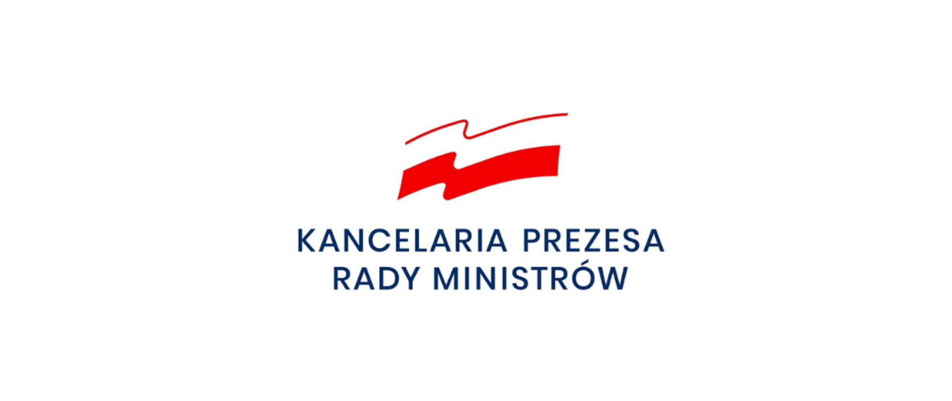 Grafika przedstawia granatowy napis "Kancelaria Prezesa Rady Ministrów" umieszczony centralnie. Nad nim pofalowana biało-czerwona flaga.