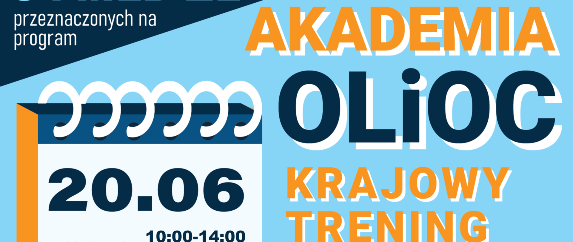 Plakat informacyjny promujący szkolenie z zakresu pierwszej pomocy w ramach programu „Akademia OLiOC”. Grafika utrzymana jest w jasnoniebieskiej kolorystyce z granatowymi i pomarańczowymi akcentami. Po lewej stronie znajduje się grafika kalendarza z datą 20 czerwca, godzinami 10:00–14:00 oraz miejscem wydarzenia: SP ZOZ Szpital Specjalistyczny MSWiA w Głuchołazach. Po prawej stronie umieszczono tytuł: „Akademia OLiOC – Krajowy Trening Pierwszej Pomocy”.
Na plakacie podano informację, że na program przeznaczono 34 mld zł. W dolnej części znajduje się lista zagadnień omawianych podczas szkolenia:
udzielanie pierwszej pomocy,
prowadzenie resuscytacji krążeniowo-oddechowej (RKO),
obsługa automatycznego defibrylatora AED,
tamowanie silnych krwotoków i zakładanie opaski uciskowej,
prawidłowe wzywanie pomocy.
Po prawej stronie widoczna jest ilustracja ratownika medycznego wskazującego długim wskaźnikiem dymek z napisem: „Przygotuj się na sytuacje kryzysowe i naucz się skutecznie pomagać sobie oraz innym!”. W dolnej części plakatu znajdują się logotypy organizatorów: Ochrona Ludności i Obrona Cywilna, Ministerstwo Spraw Wewnętrznych i Administracji oraz symbol Obrony Cywilnej.