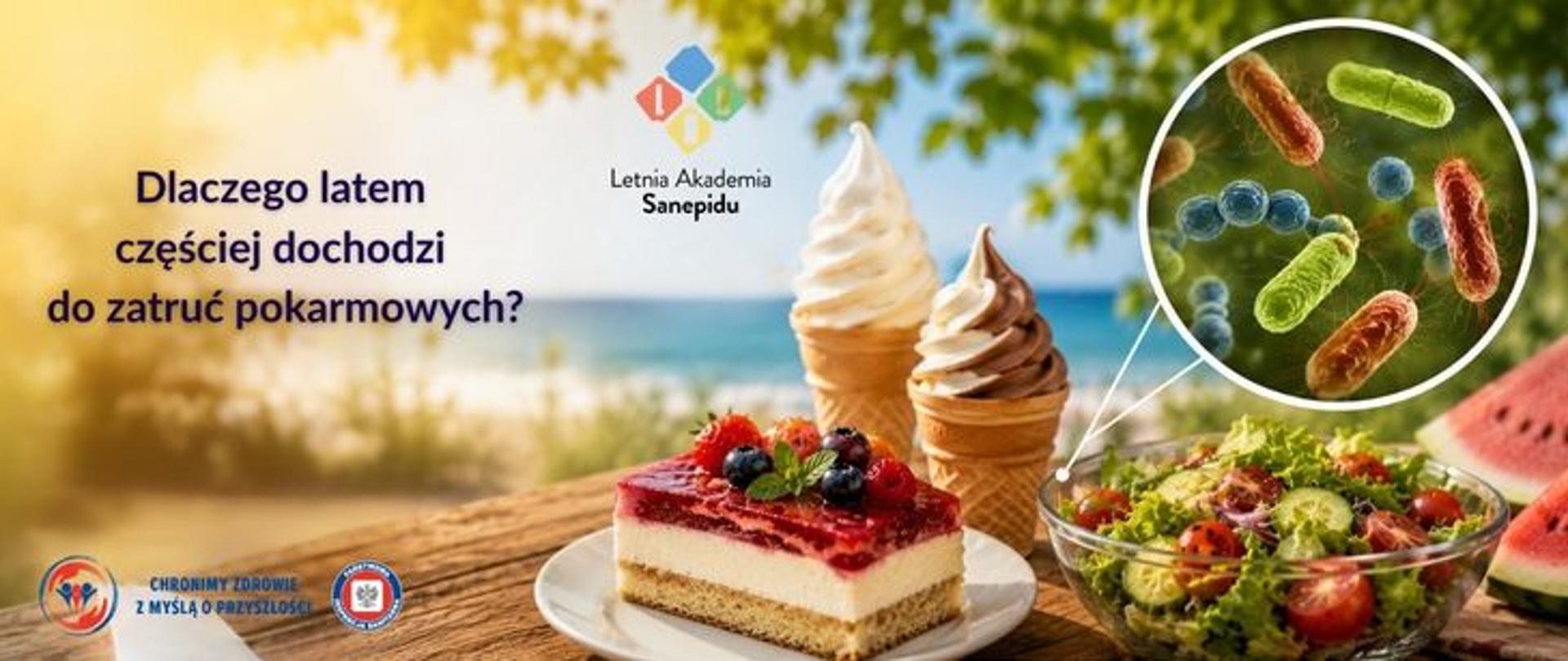 Grafika edukacyjna Letniej Akademii Sanepidu. Na tle słonecznej, letniej scenerii widoczne dwa lody z automatu , ciasto z owocami, sałatka i arbuz. W powiększeniu pokazano kolorowe bakterie obecne w żywności. Po lewej widnieje ciemny napis: „Dlaczego latem częściej dochodzi do zatruć pokarmowych?”. Na dole umieszczono logo Państwowej Inspekcji Sanitarnej wraz z hasłem: „Chronimy zdrowie z myślą o przyszłości”.