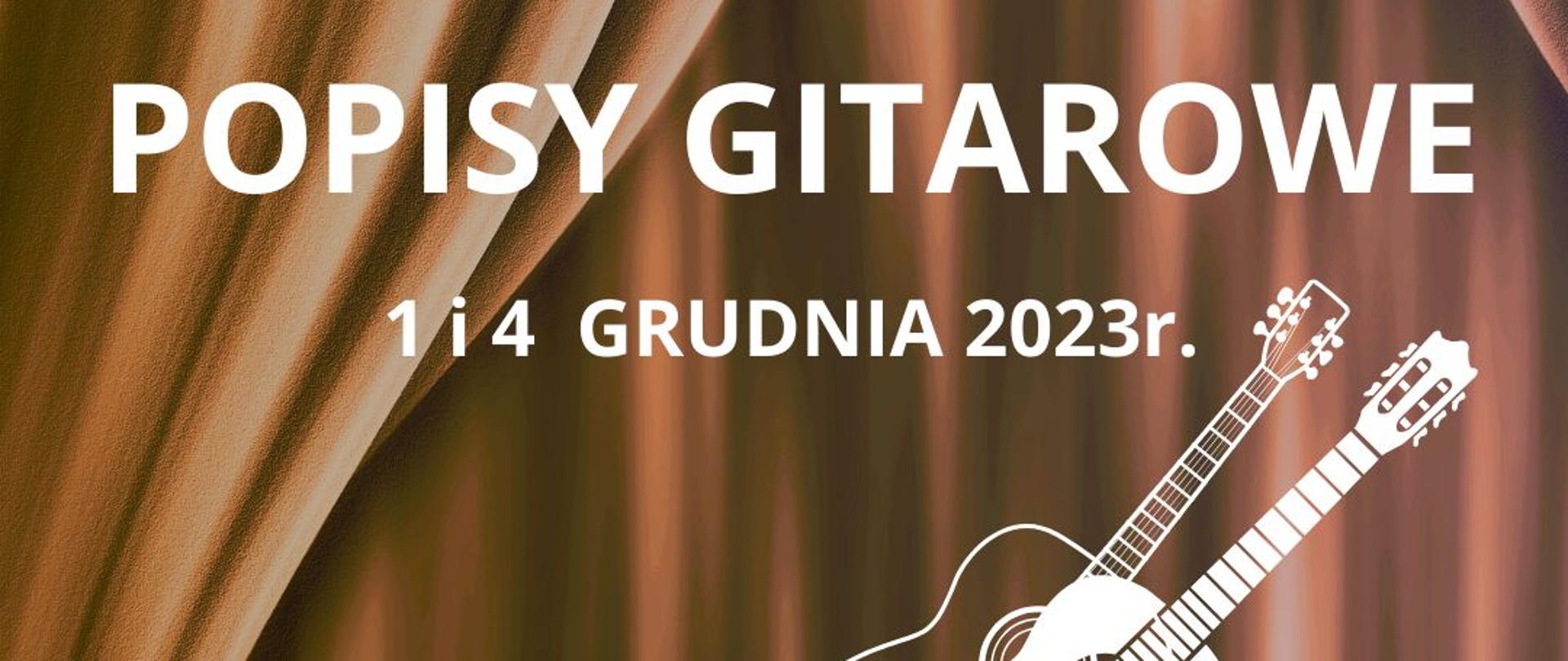 na brązowym tle imitującym kotarę białe napisy, na prawo biały rysunek gitar, w lewym górnym rogu białe logo szkoły