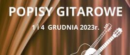 na brązowym tle imitującym kotarę białe napisy, pod napisami biały rysunek wystających gryfów gitar