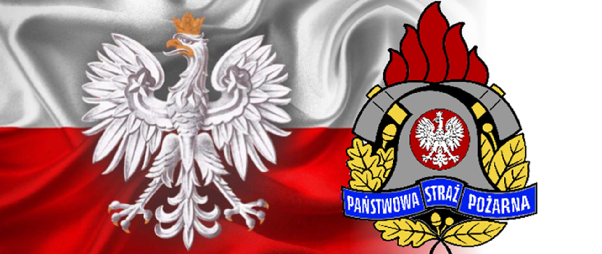 flaga polski na której jest orzeł, obok logo państwowej straży pożarnej